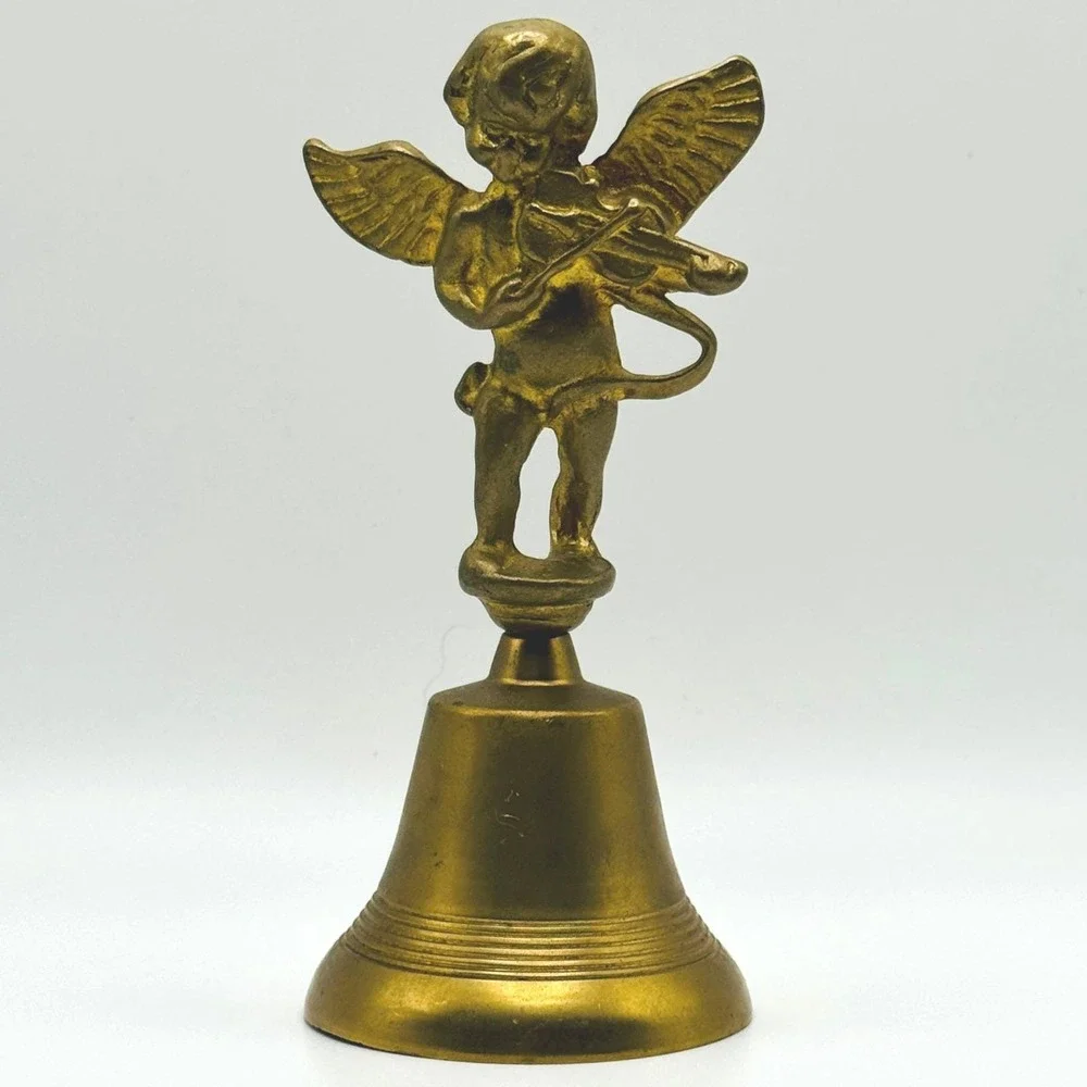 Vintage‎ Brass Cherub Angel Bell Violin Player Hand Bell Cupid Figurine Decor